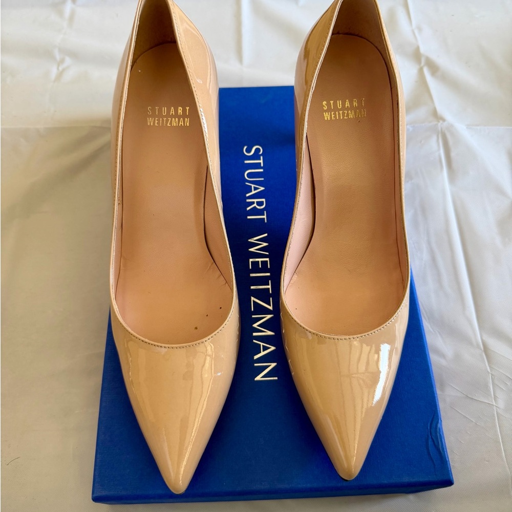 Stuart Weitzman Nude Patent Pointed Toe Pumps
